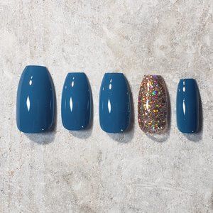 Custom Gel Press on nails teal blue fall halo sparkle glitter